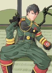 1boy black_hair boots bulge bulge_through_clothing compass_(game) eye_on_hand forked_eyebrows frown fully_clothed gay grey_eyes hi_res japanese_house looking_at_viewer lying lying_on_back lying_on_floor male male_only mature_male military_uniform ornament ryotaro_810 scar scar_on_face short_hair sliding_doors solo spread_legs tadaomi_ouka tatami yaoi