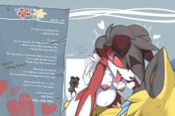 2026 absurd_res ambiguous_gender anthro anthro_on_anthro anthro_pokemon anthrofied areola being_watched biped blue_penis bodily_fluids breasts brown_body brown_fur brown_tail candy chest_tuft dessert digital_drawing_(artwork) digital_media_(artwork) english_text erection eye_contact female food fur generation_7_pokemon genitals group hair heart_symbol hi_res kneeling legendary_pokemon lollipop looking_at_another lycanroc lying male male/female midnight_lycanroc navel nintendo nipples nude nude_ambiguous nude_anthro nude_female nude_male on_back open_mouth open_smile penis pokemon pokemon_(species) red_body red_eyes red_fur rockruff simple_background smile standing sweat tail teeth text tongue trio tuft white_hair white_tail yellow_body yellow_fur zeraora zinfyu