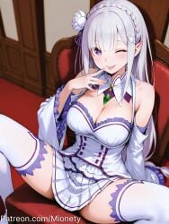 :p ;p ai_generated artist_name bare_shoulders blunt_bangs blush braid breasts chair cleavage closed_mouth crown_braid detached_collar detached_sleeves dress elf emilia_(re:zero) female flower frilled_sleeves frills gem grey_hair hair_flower hair_ornament hair_ribbon indoors large_breasts long_hair long_sleeves looking_at_viewer medium_breasts miniskirt mionety one_eye_closed pleated_skirt pointy_ears purple_eyes purple_ribbon re:zero_kara_hajimeru_isekai_seikatsu ribbon rose sidelocks sitting skirt smile solo spread_legs thighhighs thighs tongue tongue_out twitter_username very_long_hair white_dress white_flower white_hair white_rose white_skirt white_thighhighs wide_sleeves x_hair_ornament zettai_ryouiki