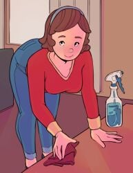 1girls brown_hair caillou cleaning clothed clothing doris_(caillou) female female_only jeans mature mature_female mature_woman milf mother not_enough_milk_(artist) solo solo_female