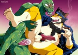 aledonrex anal anal_sex animal_genitalia anthro balls beastars bodily_fluids canid canine cum cum_inside duo fox genital_fluids genital_slit genitals gosha_(beastars) knot komodo_dragon lizard male male/male mammal monitor_lizard penetration reptile scales scalie