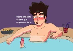 1boy black_hair blush blush_face blushed_face blushing_male chips drink erect_penis erection food genitals hard_cock hard_on hard_penis hot_tub human human_male human_only light-skinned_male light_skin looking_at_penis male male_nipples male_only mammal mature mature_male nipples nude nude_male original_character penis penis_out peperonpomo pool solo solo_focus solo_male text
