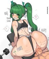1boy 1girls android anus ass big_ass blush bottom_heavy bra breasts bubble_butt calvin_klein clothing fat_ass female female_only gigantic_ass gigantic_thighs green_eyes green_hair huge_ass kuromaruart large_ass long_hair looking_back male massive_ass panties penis pussy qingyi_(zenless_zone_zero) robot robot_girl sex small_breasts thick_ass thick_thighs thunder_thighs twintails wide_hips zenless_zone_zero