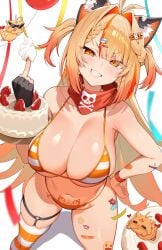 1girls absurdres animal_ear_fluff animal_ears antenna_hair artist_request balloon bandaid bandaid_on_leg bandana bandana_around_neck big_breasts bikini birthday black_gloves blunt_bangs blurry blurry_foreground blush bracelet braid breasts cake cat_ears cleavage collarbone commentary curvy depth_of_field ebiko_(vtuber) english_commentary fat_tits female food fruit gloves gradient_hair groin hair_intakes hair_ornament hairclip heart heart-shaped_bandaid heart_hair_ornament highres huge_breasts indie_virtual_youtuber jewelry large_breasts long_hair looking_at_viewer massive_breasts middle_finger multicolored_hair name_tag_hair_ornament navel orange_bikini orange_eyes orange_hair orange_thighhighs paw_print pubic_tattoo razor_blade_hair_ornament red_bandana red_hair second-party_source simple_background single_thighhigh skull_and_crossbones smirk solo standing star_(symbol) star_sticker sticker strawberry streaked_hair streamers string_bikini striped_bikini striped_clothes striped_ears striped_thighhighs sunglasses swimsuit tattoo thick_thighs thigh_strap thighhighs thighs two_side_up very_long_hair virtual_youtuber voluptuous vtuber whipped_cream white_background white_thighhighs