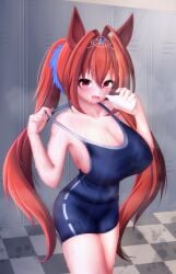 animal_ears armpits big_breasts blush breasts brown_hair cleavage collarbone daiwa_scarlet_(umamusume) female horse_ears horse_girl huge_breasts long_hair looking_at_viewer red_eyes school_swimsuit sideboob smug smug_face sukumizu swimsuit thick_thighs thighs tiara twintails umamusume umamusume_pretty_derby