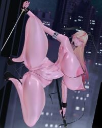 3d 3d_custom_girl big_breasts blonde_hair breasts choker custom_maid_3d erect_nipples high_heels legs_apart long_hair looking_at_viewer nama_yuragi nipples_visible_through_clothing no_bra oc squatting sword tagme thighs thong weapon