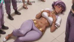 1girls ai_generated artist_name artist_signature blush breast_suppress breasts brown_eyes cleavage dark-skinned_female dark_skin hands_on_own_chest hi_res high_heels high_resolution highres jewelry jidou_hanbaiki_ni_umarekawatta_ore_wa_meikyuu_wo_samayou jidouhanbaiki_ni_umarekawatta_ore_wa_meikyuu_wo_samayou kurutai looking_at_viewer medium_breasts merchant_(jidou_hanbaiki_ni_umarekawatta_ore_wa_meikyuu_wo_samayou) midriff multiple_girls navel pants parted_lips puffy_short_sleeves puffy_sleeves purple_hair purple_pants reborn_as_a_vending_machine,_i_now_wander_the_dungeon shadow shoes solo_focus subscribestar subscribestar_username uncensored