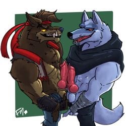 accessory anthro bodily_fluids comparing comparing_penis death_(puss_in_boots) dire_(fortnite) dreamworks drooling duo epic_games fortnite frottage fungimagi genital_fluids headband knot male male/male muscular muscular_male penile penises_touching precum puss_in_boots_(franchise) saliva sex simple_background