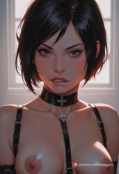 ada_wong ai_generated biting_lip biting_own_lip body_harness breasts garter_belt garter_straps portrait puffy_nipples resident_evil