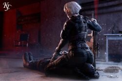 albino blindfold blindfolded blindfolded_male bondage clothed cuffs dominant_female facesitting facesitting_through_clothes fully_clothed glowing_eyes gun handcuffed handcuffs holding_gun holding_hands iana_(rainbow_six) kjthegrimreaper mask masked masked_male rainbow_six rainbow_six_siege rope rope_bondage yellow_eyes