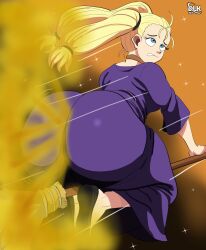 1girls ass_in_dress big_ass big_butt blonde_female blonde_hair blue_eyes dark_background del-kingful fart fart_cloud farting fat_ass fat_butt female female_only grimace jujutsu_kaisen momo_nishimiya nishimiya_momo purple_dress