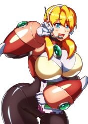1girls alia big_ass black_bodysuit blonde_hair blue_eyes blush bodysuit huge_breasts kotatuman_dash long_hair mega_man mega_man_x microphone open_mouth robot_girl smile solo solo_female white_background white_gloves