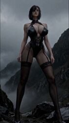 3d abs ai_generated beautiful bewitching_thighs black_hair cleavage full_body garter_belt high_heels huge_breasts long_legs short_hair