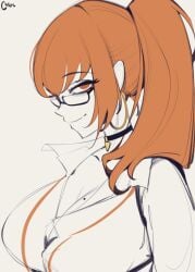 1girls big_breasts breasts cheyr choker cleavage female glasses hoop_earrings large_breasts mako_fukasame mature mature_female mole_on_breast office_lady orange_hair red_eyes red_hair vershion virtual_youtuber vtuber white_background white_shirt