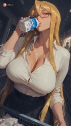 ai_generated aisinful ass big_ass big_breasts big_butt blonde_hair blush breasts cleavage female glasses hair_between_eyes hi_res highschool_of_the_dead large_breasts long_hair marikawa_shizuka medium_breasts mole thick_thighs wide_hips