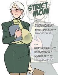 1girls big_breasts bra bra_visible_through_clothes breasts closed_eyes english_text female female_only glasses large_breasts mature mature_female mature_woman milf not_enough_milk_(artist) original simple_background solo solo_female text white_background