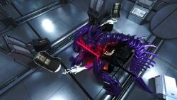 3_toes alien_(franchise) anal_sex anthrofied biomechanical black_body blade_wolf canid canine canis clawed_feet cum cum_on_floor cybernetics facemask gay gay_sex glistening glistening_body glowing_genitalia glowing_markings glowing_penis holding_object holding_weapon knife konami long_tail male/male metal_gear metal_gear_rising metal_gear_rising:_revengeance metal_gear_solid outofnecessity platinum_games robot sharp_claws sharp_teeth tail teeth weapon weapons wolf xenomorph