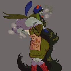 apron artist_request black_hair face_fucking face_mounting futanari grabbing_head homestuck horns huge_ass huge_balls long_hair mounting nepeta_leijon panting small_dom_big_sub steam sweater troll