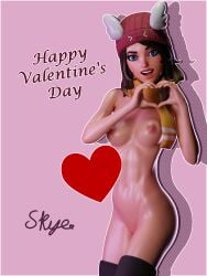 1girls beanie blue_eyes brown_hair epic_games female female_torso fexl39 fortnite heart nude nude_female nudity scarf signature skye_(fortnite) smile solid_color_background valentine's_day winter_wonder_skye_(fortnite)