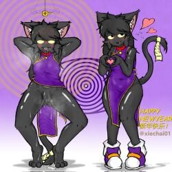 anthro asian_clothing black_body black_fur blush brain breath chinese_clothing clothing collar domestic_cat east_asian_clothing ejaculation felid feline felis female footwear fur gesture glistening_thighs hands_behind_head heart_gesture heart_symbol hi_res hypnosis mammal mind_control open_mouth organs panting shoes solo spiral spread_legs spreading xiechai01