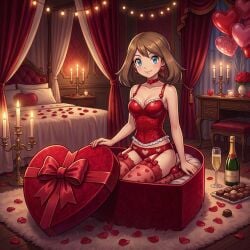 1girls 2d ai_generated bedroom blue_eyes brown_hair brunette_hair candle candlelight chocolate chocolate_box female female_focus female_only high_heels in_box light_skin looking_at_viewer may_(pokemon) petals pokemon stiletto_heels tight_clothing valentine's_day wine wine_bottle wine_glass