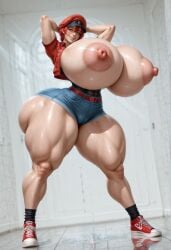 ai_generated alternate_body_type alternate_breast_size areola areolae arms_behind_head arms_up belt big_areola big_areolae big_ass big_nipples big_thighs black_shirt black_socks blue_shorts bottom_heavy breasts breasts_out cabbie_hat cells_at_work child_bearing_hips cropped_jacket curvaceous curves curvy curvy_body curvy_figure denim denim_shorts female female_only full_body gigantic_ass gigantic_breasts glossy glossy_body hair_between_eyes hat hataraku_saibou hi_res high_resolution highres hourglass_figure huge_ass huge_breasts huge_nipples jacket large_areolae large_thighs legs lips looking_at_viewer massive_ass nipples no_bra open_clothes open_jacket puddle puffy_nipples red_belt red_blood_cell_(hataraku_saibou) red_footwear red_hair red_headwear red_jacket reflection reflective_floor shiny_skin shirt shoes short_hair short_shorts short_sleeves shorts skin_gloss skull_crushing_thighs smile sneakers socks solo stable_diffusion standing sweat thick_thighs thicknesslord thighs thunder_thighs uniform veins veiny_breasts voluptuous wide_hips