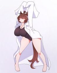 1girls 2026 agnes_tachyon_(umamusume) animal_ears animal_tail arms_up bare_legs big_breasts breasts brown_hair closed_eyes color colored female female_only full_body hi_res horse_tail huge_breasts kaijin_debeso legs light-skinned_female light_skin partially_clothed simple_background solo tail thick_thighs thighs umamusume umamusume_pretty_derby white_background