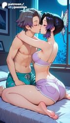 1boy 1girls 2026 ai_assisted ai_generated anime artist_name black_hair bug butterfly butterfly_hair_ornament closed_eyes demon_slayer explicit hair_ornament hi_res high_quality high_resolution highres kimetsu_no_yaiba kissing kochou_shinobu moonlight multicolored_hair night night_sky patreon patreon_username purple_hair shinobu_kocho sky skypassion stable_diffusion straight watermark window