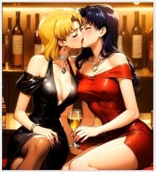 2girls ai_generated akagi_ritsuko alcohol alternate_costume bangs bar_(place) bare_arms bare_legs bare_shoulders black_dress blonde_female blonde_hair blush bottle bracelet breasts brown_legwear brown_pantyhose cleavage closed_eyes collarbone couple cross cross_necklace dress drink drinking_glass duo earrings female/female female_only friends guloyu84 holding holding_drink holding_drinking_glass holding_wine_glass indoors jewelry katsuragi_misato kissing legs legs_together legwear long_hair love medium_breasts misato_katsuragi multiple_females multiple_girls multiple_necklaces mutual_yuri neck neck_ring necklace neon_genesis_evangelion off-shoulder_dress off_shoulder pantyhose parted_bangs purple_hair red_dress red_earrings ritsuko_akagi romantic romantic_couple short_dress short_hair sitting straight_hair thighs wine wine_glass yuri