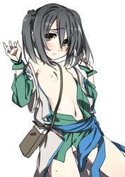 artist_request blush braid brown_eyes detached_sleeves female fingerless_gloves flat_chest gloves grey_hair hair_ribbon japanese_clothes looking_at_viewer navel nipples no_bra no_panties oda_nobuna_no_yabou ofuda open_clothes pussy ribbon ribbon-trimmed_sleeves ribbon_trim short_hair short_twintails shoulder_bag simple_background solo sweat takenaka_hanbee_(oda_nobuna_no_yabou) tears tied_hair twintails uncensored white_background