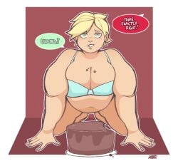 all_fours bbw belly_overhang blonde_hair feederism feeding kappallnight pixie_cut short_hair smile stuffing underwear weight_gain