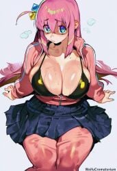 1girls 2026 2d 2d_(artwork) 2d_artwork artist_request bangs big_breasts blue_eyes bocchi_the_rock! bra breasts cleavage clothed clothed_female clothing collarbone curvaceous curvy curvy_body curvy_female curvy_figure curvy_hips female female_only gotou_hitori hair_ornament hairclip hi_res highres large_breasts light-skinned_female light_skin pillow_shading pink_hair skirt solo solo_female sweat sweatdrop sweating sweaty sweaty_body sweaty_breasts thick_thighs thighs voluptuous voluptuous_female