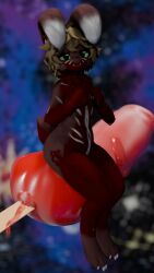 animal_genitalia anthro blonde_hair canine_genitalia excited_expression food fur genitals green_eyes hair hi_res jman7407 knot knotted_penis lagomorph leporid male mammal pattern_background penis pinup popsicle popsicle_melting pose rabbit red_body red_fur simple_background sitting solo toby_(jman7407) white_body white_fur