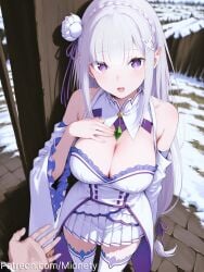 1boy ai_generated artist_name bare_shoulders black_ribbon blunt_bangs blurry blush braid breasts cleavage cowboy_shot crown_braid detached_collar detached_sleeves dress elf emilia_(re:zero) female flower frills from_above gem grey_hair hair_flower hair_ornament hair_ribbon hand_on_own_chest jewelry kabedon large_breasts long_hair long_sleeves looking_at_viewer low-tied_long_hair medium_breasts meme miniskirt mionety open_mouth out_of_frame outdoors pleated_skirt pointy_ears pov pov_doorway pov_hands purple_eyes purple_ribbon re:zero_kara_hajimeru_isekai_seikatsu ribbon sidelocks skirt snow solo solo_focus standing thighhighs very_long_hair white_dress white_flower white_hair white_legwear white_skirt white_thighhighs wide_sleeves x_hair_ornament zettai_ryouiki