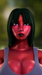 cherry green_hair large_breasts purple_eyes red_skin tank_top yurisylentra