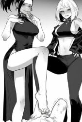1boy 2girls ai_generated ass asserting_dominance assertive assertive_female bad_end barefoot big_ass breasts chastity chastity_cage chastity_device cooperative_footjob cumming defeated defeated_hero defeated_male denki_anma dialogue dominant_female domination dress female femdom foot_domination footjob greyscale huge_breasts humiliation izuku_midoriya light-skinned_female light-skinned_male light_skin male male_chastity malesub momo_yaoyorozu monochrome mr.skull my_hero_academia ochako_uraraka penis ratatatat74 ruined_orgasm small_penis small_penis_humiliation stepped_on stepping_on_penis tagme text thick_thighs video villain villainess weak weak_male