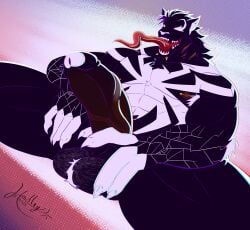 alien balls black_body black_fur body_hair clothing ear_piercing fan_character felid feline fur genitals hairy_balls halley_karillion hi_res holding_penis male mammal marvel muscular penis piercing pubes solo symbiote tongue tongue_out tongue_piercing uproar_(halley_karillion) venom_(marvel) white_body white_fur