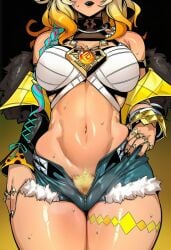 1girls 2d ai_generated black_lips black_nails blonde_hair blush bracelet breasts cyreneceo denim denim_shorts female_only female_pubic_hair fur_trim genshin_impact gradient_hair hairy_pussy hand_on_own_hip head_out_of_frame jacket jewelry large_breasts large_thighs lipstick long_hair medium_breasts midriff multicolored_hair navel pubic_hair pubic_hair_peek ring short_shorts shorts solo solo_female sweat thick_thighs thighs wide_hips xilonen_(genshin_impact)