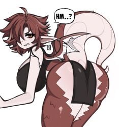 1girls 2026 animal_tail ass big_breasts breasts brown_body brown_eyes brown_hair color colored digital_media_(artwork) dragon_tail elf female female_only hair hair_over_one_eye hi_res huge_ass light-skinned_female light_skin looking_away looking_back mistysnugglebug oc original original_character partially_clothed simple_background solo tail text_bubble thick_thighs thighs upset white_background white_body wings