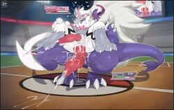 absurd_res anal anal_sex animal_genitalia animal_penis anthro ass balls big_penis blush bodily_fluids cum cum_inside detailed_background digital_media_(artwork) dominant dominant_male dragon duo ejaculation erection fur gameplay_mechanics garchomp generation_4_pokemon generation_7_pokemon genital_fluids genitals gin_(silverzero) gui health_bar hi_res huge_filesize leash legendary_pokemon male male/male male_dominating_male male_penetrated male_penetrating male_penetrating_male mammal mizu_(zeraora) multi_genitalia multi_penis mythological_creature mythological_scalie mythology nintendo penetration penile penis pokemon pokemon_(species) scalie sex stadium submissive submissive_male vilf white_body white_fur zeraora