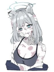 absurdres animal_ear_fluff animal_ears audio1114 bags_under_eyes bandaged_arm bandaged_head bandaged_neck bandages bandaid bandaid_on_cheek bandaid_on_chin bandaid_on_face bandaid_on_nose blood blood_on_bandages blue_archive blue_eyes blue_halo blue_jacket breasts bright_pupils bruise bruise_on_chest bruise_on_face bruise_on_shoulder bruise_on_stomach bruised_eye cleavage closed_mouth collarbone colored_skin commentary_request cropped_torso cut_ear domestic_violence down_jacket female gauze gauze_on_cheek gauze_on_shoulder grey_hair grey_tank_top hair_between_eyes halo head_tilt highres injury jacket large_breasts looking_at_viewer medium_hair midriff mismatched_pupils nosebleed ryona shiroko_(blue_archive) shirt shirt_down simple_background solo tank_top uneven_eyes white_background white_pupils white_shirt white_skin