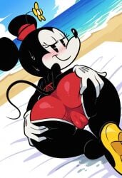 ai_generated anthro ass_focus back_view beach bikini black_body blush cameltoe cartoon disney female female_only frankw69 from_behind furry gloves hands_on_ass heels looking_back lying_down mickey_mouse_shorts minnie_mouse mouse mouse_girl mouse_tail seductive seductive_look seductive_smile solo tail wet_body white_gloves yellow_heels