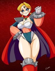 1girls alia big_breasts black_eyes blonde_hair blue_eyes clothing dominant dominant_female fusion fusion_character hand_on_hip mega_man mega_man_x neckline red_cape robot_girl short_hair sigma_(mega_man) smile solo solo_female vcampan white_gloves