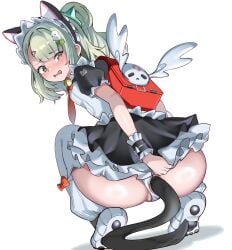 absurdres anal anal_object_insertion anal_tail angels_of_delusion animal_ear_hairband animal_ears ass ass_focus asymmetrical_bangs backpack bag bell black_hairband black_skirt black_tail black_wrist_cuffs blush bow bow_legwear breasts bright_pupils cat_ear_hairband cat_ears cat_tail clothing_aside commentary embarrassed english_commentary fake_animal_ears fake_tail female frilled_hairband frilled_skirt frilled_wrist_cuffs frills from_behind full_body furrowed_brow ghost_hair_ornament green_eyes green_hair hair_ornament hairband highres huge_ass jingle_bell leg_warmers looking_at_viewer looking_back maid maid_headdress medium_hair miniskirt neck_bell necktie nose_blush object_insertion one_side_up open_mouth orange_bow panties panties_aside partially_visible_vulva patomu paw_shoes pawpads pear-shaped_figure puffy_short_sleeves puffy_sleeves raised_inner_eyebrows randoseru red_bag red_necktie shiny_skin shirt shoe_soles shoes short_sleeves simple_background skirt sleeve_cuff_bow small_breasts solo squatting sunna_(afternoon_tea_break)_(zenless_zone_zero) sunna_(zenless_zone_zero) swept_bangs tail thighhighs tiptoes triangle_hair_ornament underwear uneven_eyes white_background white_bow white_leg_warmers white_panties white_pupils white_shirt white_shoes white_thighhighs white_wings winged_bag wings wrist_cuffs zenless_zone_zero