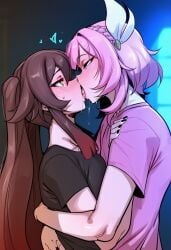 1boy 1femboy 1girls 2d ai_generated black_nails black_shirt blue_eyes blush braid breasts brown_hair cyrene_(honkai:_star_rail) cyreneceo femboy french_kiss genderswap_(ftm) genshin_impact half-closed_eyes heart honkai:_star_rail hu_tao_(genshin_impact) hug kissing long_hair looking_at_another male pink_hair pink_shirt red_eyes rule_63 saliva saliva_drip saliva_trail shirt short_hair short_sleeves small_breasts star-shaped_pupils symbol-shaped_pupils t-shirt tongue tongue_out twintails