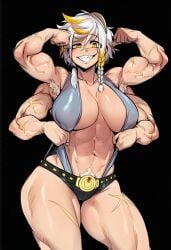 1girls 2d abs ai_generated armpit_hair armpits belt biceps big_breasts big_thighs black_background blonde_hair braid breasts cyreneceo extra_arms female female_only female_pubic_hair flexing gijinka grin hairy_armpits huge_breasts humanization humanized humanized_pokemon large_breasts large_thighs looking_at_viewer machamp multicolored_hair muscles muscular muscular_female navel original pokemon pubic_hair rhea_(cyreneceo) scar scar_on_arm scar_on_leg scar_on_stomach scars scars_all_over sharp_teeth short_hair shorts side_braid simple_background smile solo solo_female streaked_hair teeth thick_thighs thighs veins white_hair wide_hips yellow_eyes