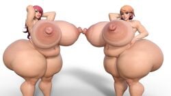 2girls 3d arms_behind_head bbw belly_overhang bimbo bimbo_lips chubby chubby_female curvy gigantic_breasts huge_ass huge_breasts long_hair mitsuru_kirijo orange_hair persona persona_3 red_hair short_hair thick_thighs venus_body voluptuous yukari_takeba