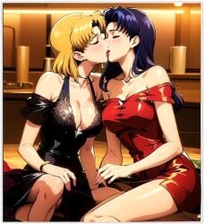 2girls ai_generated akagi_ritsuko alternate_costume bangs bare_arms bare_legs bare_shoulders black_dress blonde_female blonde_hair blush bracelet breasts cleavage closed_eyes collarbone couple dress duo female/female female_only friends guloyu84 indoors jewelry katsuragi_misato kissing legs long_hair love medium_breasts misato_katsuragi multiple_females multiple_girls mutual_yuri neck neon_genesis_evangelion off-shoulder_dress off_shoulder parted_bangs purple_hair red_dress ritsuko_akagi romantic romantic_couple short_dress short_hair sitting straight_hair thighs yuri
