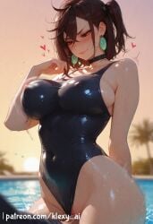 ai_generated ayase_momo bouncing_breasts brown_hair closed_mouth curvy dandadan earrings female grabbing hi_res huge_breasts klexyai leotard light_skin low-angle_view pool red_eyes short_hair standing summer sweatdrop swimsuit teenager uncensored watermark