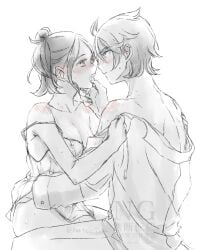 1boy 1girls blush breasts eye_contact finger_in_mouth gai_(pokemon) greyscale harmony_(pokemon) hatori_a hickey looking_at_another nintendo nipples off_shoulder open_mouth pokemon pokemon_legends:_z-a seika_(pokemon) small_breasts straight sweat urbain_(pokemon) watermark